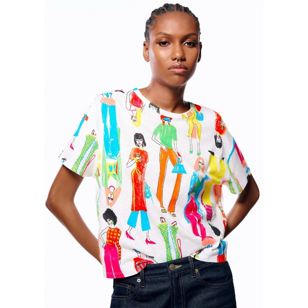 Zara Graphic Girls Art Print Cotton Loose Fit Tshirt M
